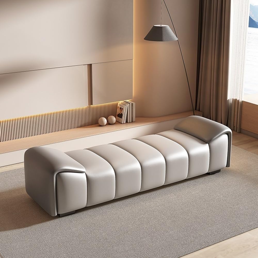 Modern Leather Bed End Stool Simple Modern Bedroom Bedside Light Luxury Cloakroom Long Bench Shoe Entryway(Dark Gray+Light Gray,Small)