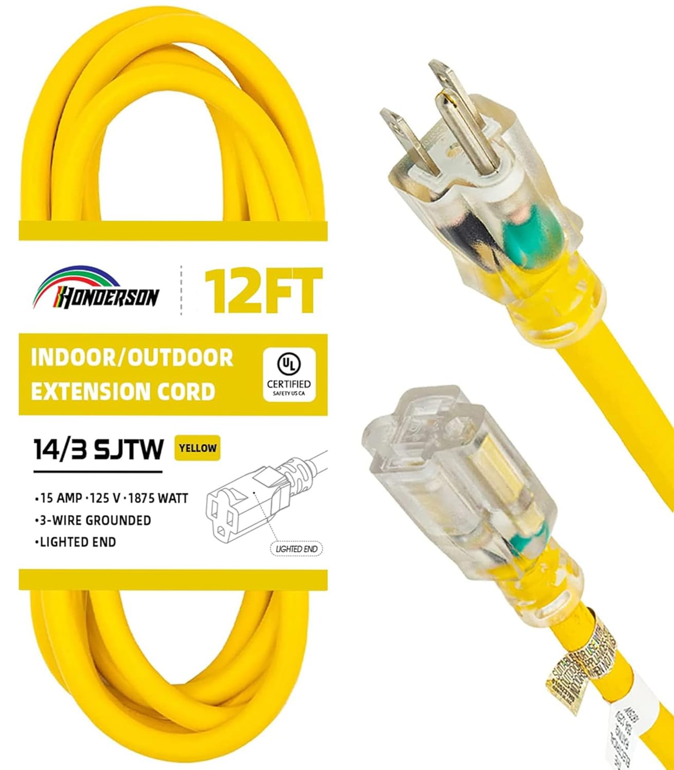 12 Ft Yellow Outdoor Extension Cord Lighted End Weatherproof 14 Gauge