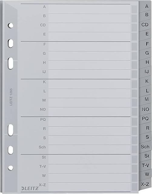 Leitz Index for A5, Cardboard Cover and 20 Plastic Dividers, Tabs with Alphabetical Print A-Z, Extra Wide, Grey, 12650000