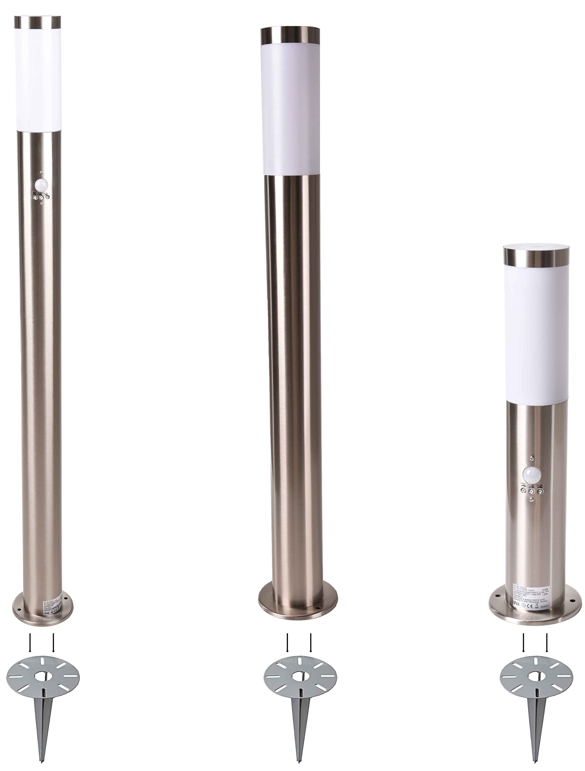 Novatool Wegeleuchten I 45 cm + 80 cm + 110 cm I mit Bewegungsmelder I mit Erdspieß I Edelstahl I IP44 I E27 Sockel I Wegebeleuchtung aussen Aussenleuchten Garten Standleuchte Gartenleuchte stehend