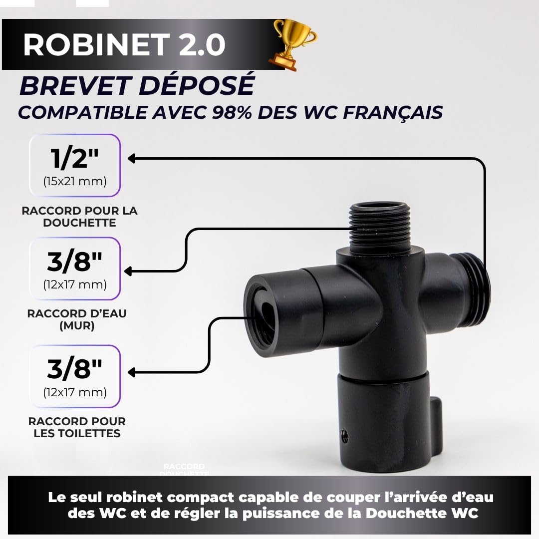 Douchette WC Anti-Fuite Noire - Marque Française - Kit Complet Bidet Hygiénique avec Robinet 3 Voies, Pistolet, Flexible et Support - Jet Réglable Haute Pression - Brevet Déposé