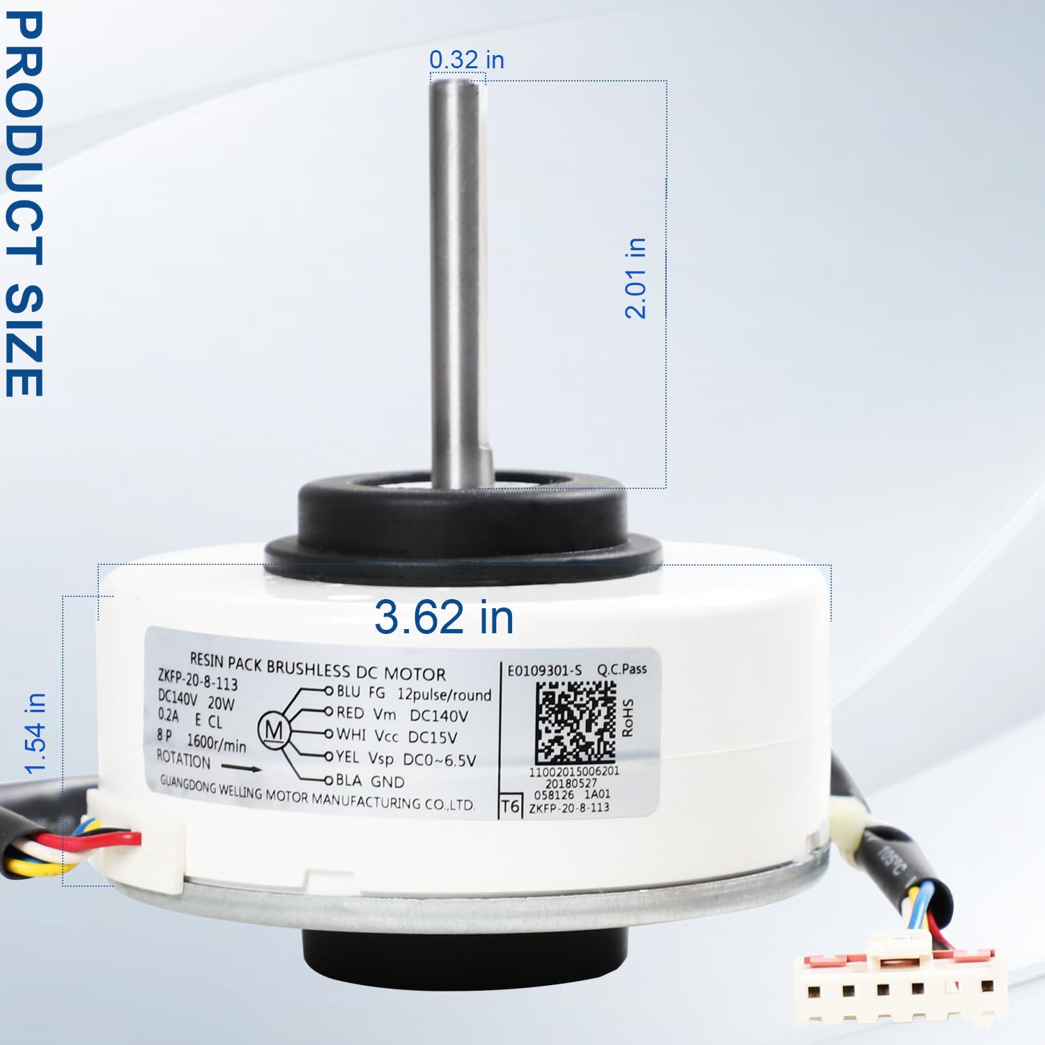 ZKFP-20-8-113 Air Conditioning DC Brushless Fan Motor, DC140V 20W 0.2A CCW 1600r/min Fit for Midea Air Conditioner Internal Motor