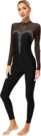 FEESHOW Womens Gymnastics Unitard Ice Skating Jumpsuit | Sparkly Rhinestone, Sheer Mesh Long Sleeve, Keyhole Back, Full Body Bodysuits, Rhythmic Gymnastics Leotards, Recitals