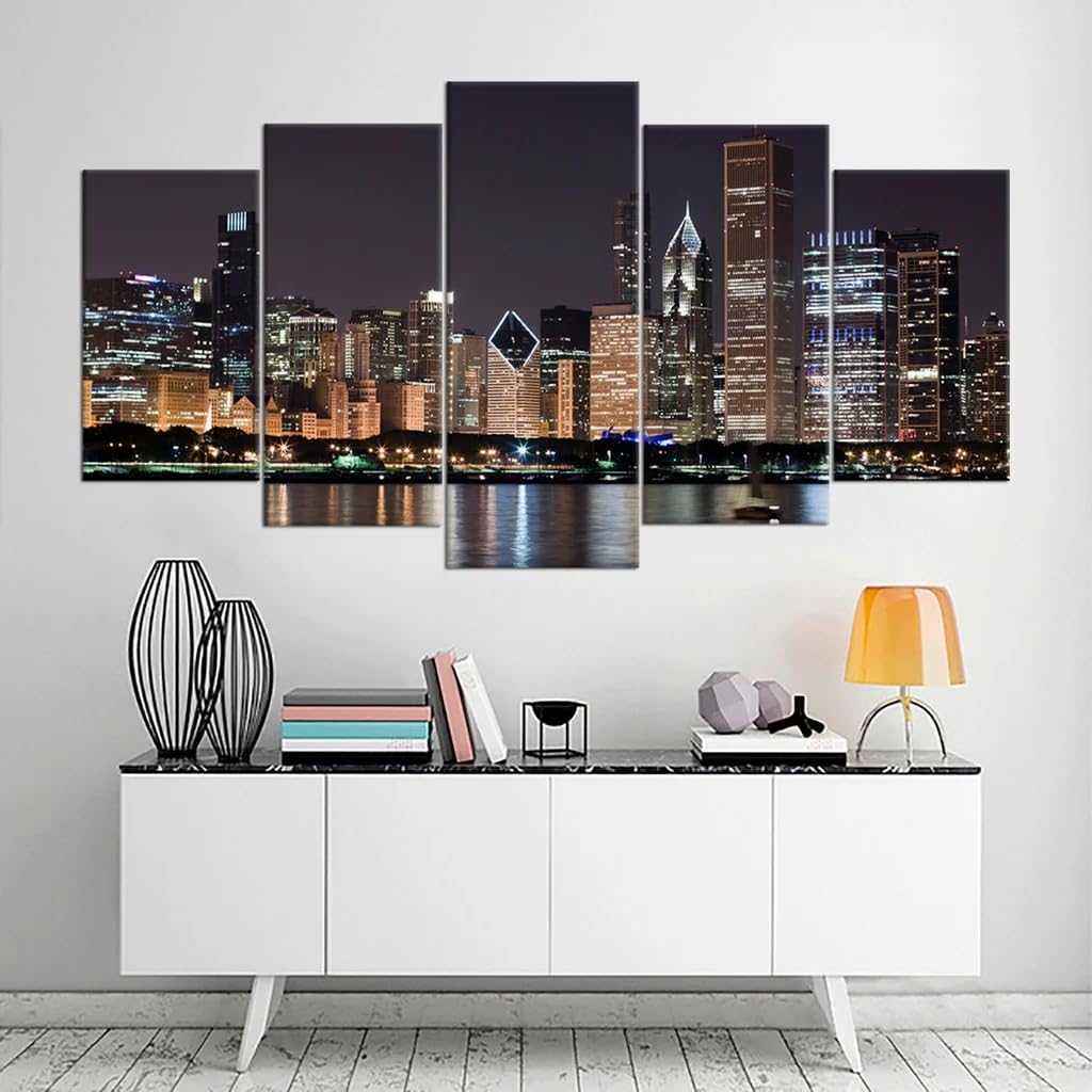 Tableau moderne Chicago de nuit avec cadre premium