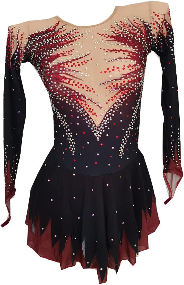 Figure Skating Dress Round Neck Red Diamondst Hook Finger Girls Show Competition