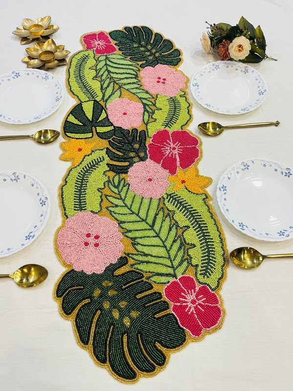 Image of MFU Made For You Hand Beaded Multicolor Floral Table Runner | 13x35 Inches | Pack of 1 | Dining Table Decor | Console Table Accent | Festival & Home Decoration