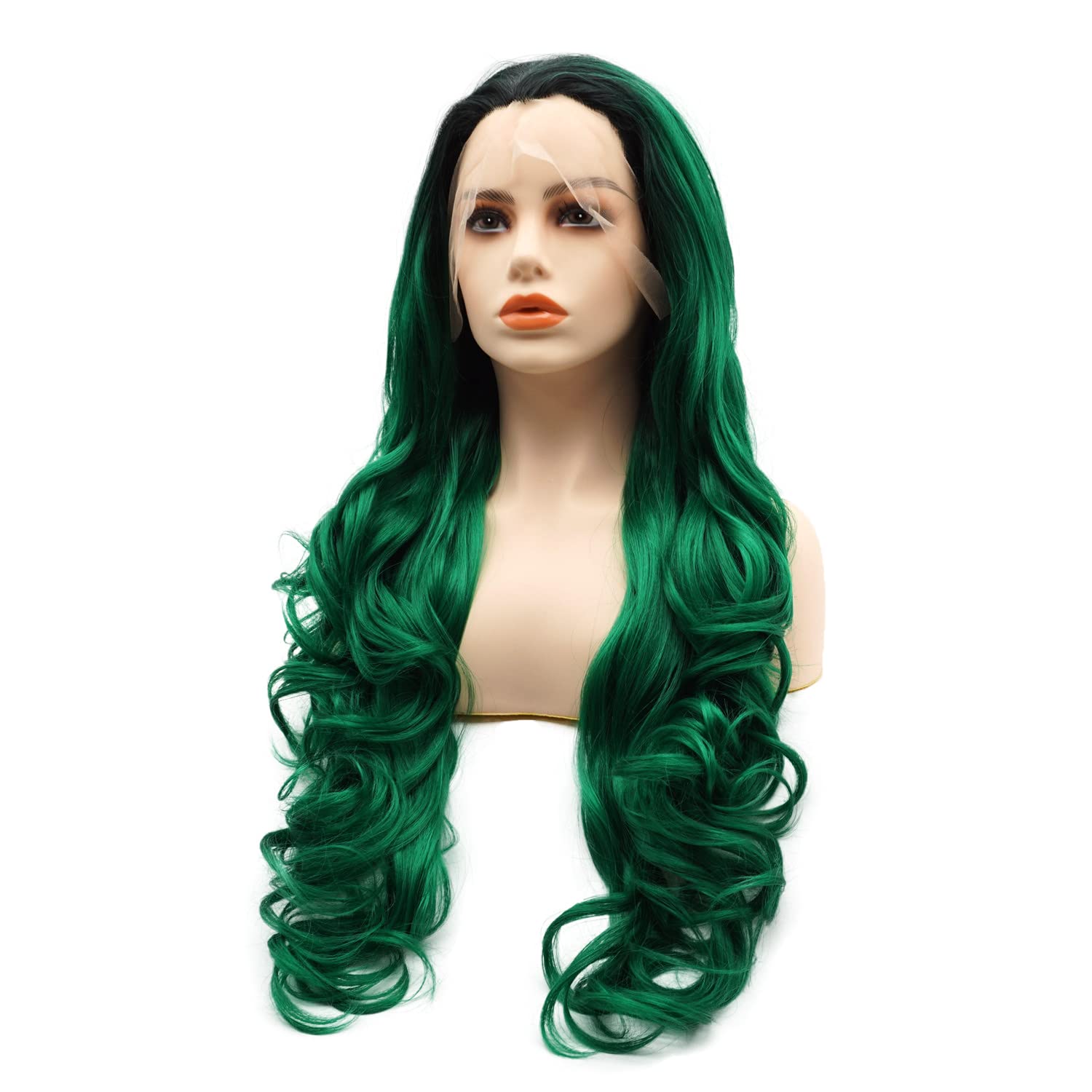 Hair Synthetic Lace Front Wig Wavy Long 26inch Dark Root Green Ombre Heavy Density Heat Resistant Realistic Wig