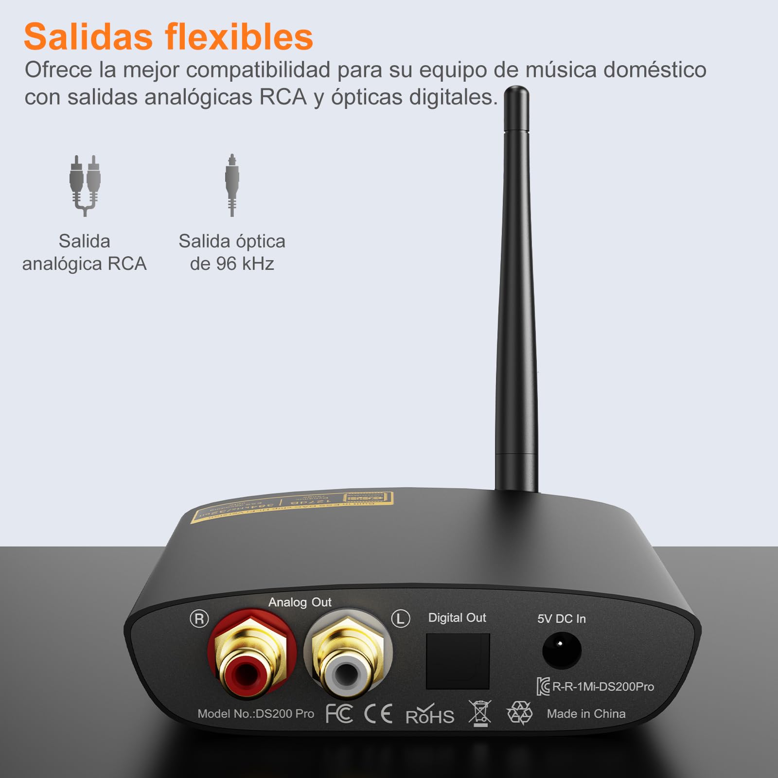 1Mii DS200Pro Receptor Bluetooth 5.3 HiFi para Estéreo, Adaptador Audio Bluetooth DAC de Audiófilo, Hi-Res, aptX HD, LDAC, Salida RCA/Opt para Home Cinema, Receptor AV o Amplificador