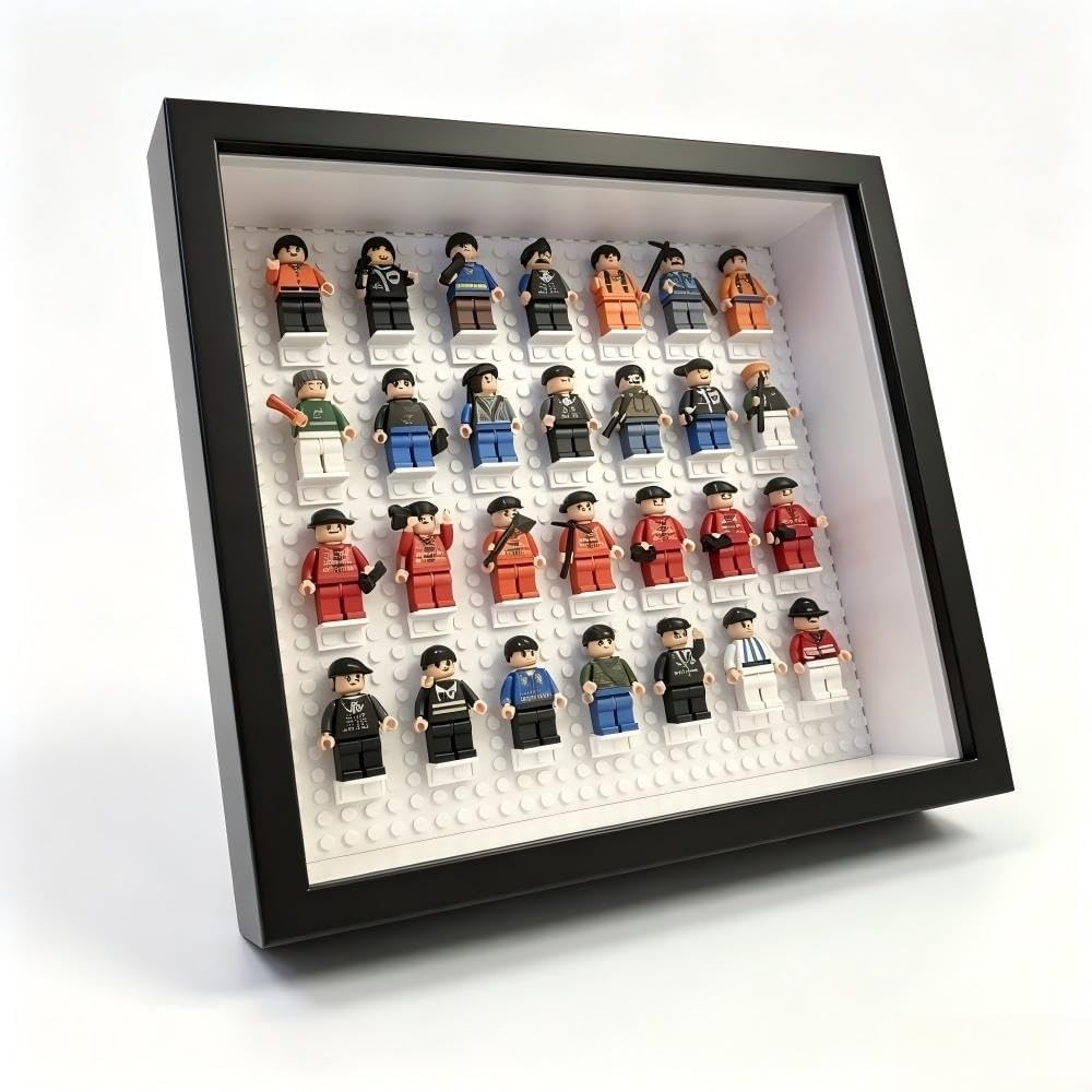 Vitrine pour figurines avec lumières LED - Bloc de construction - Support mural - Vitrine pour petits objets de collection miniatures - Mini marques de dés à coudre en acrylique - Porte de protection