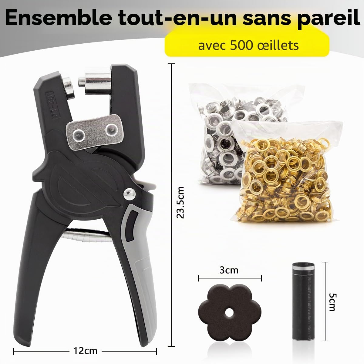 Lot de 500 pinces à œillets (diamètre 10 mm), presse à œillets magnétique en acier trempé, pince à œillets pour bâches, tissus, voiles d'ombrage et bricolage (gris)