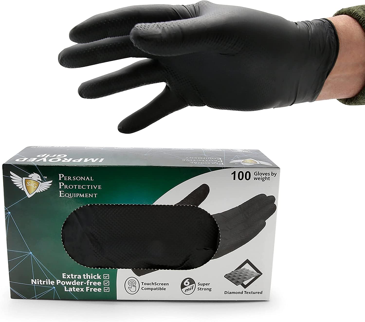S&G Black Nitrile Gloves | 100 Pcs | Medium, Large, XL, XXL | 6 Mil Heavy-Duty Latex & Powder Free for Cleaning, Construction
