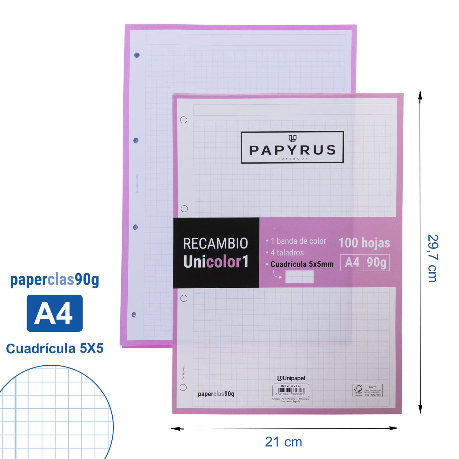 Unipapel 100 Feuilles A4 Grille 5x5 Bande Rose Clair - Papier Class 90g Pour Prise De Notes Organisée