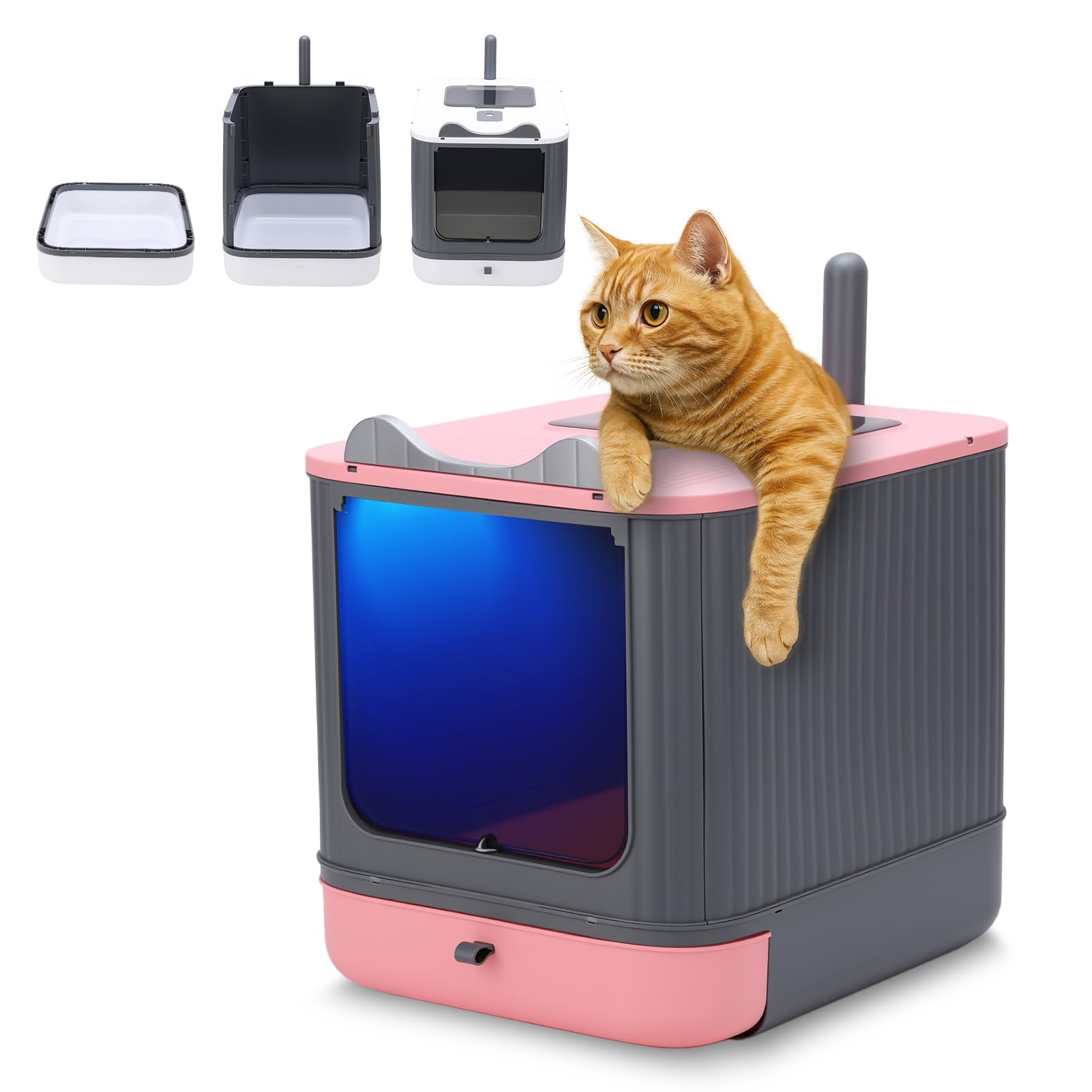 Gugxiom Bandeja Sanitaria Plegable y Cerrada para Gatos, Arenero para Gato con Tapa, Equipado con una lámpara UV, Bolsas desodorizantes y Herramientas para la Recogida de residuos (Rosa)