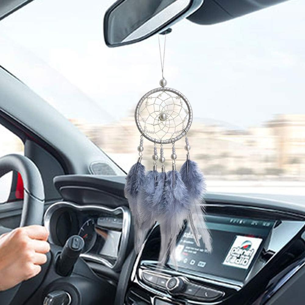 Dremisland Dream Catchers Handmade White Dream Catcher Car Rear View Mirror Pendant Charm with Pearl Ornament (Grey)