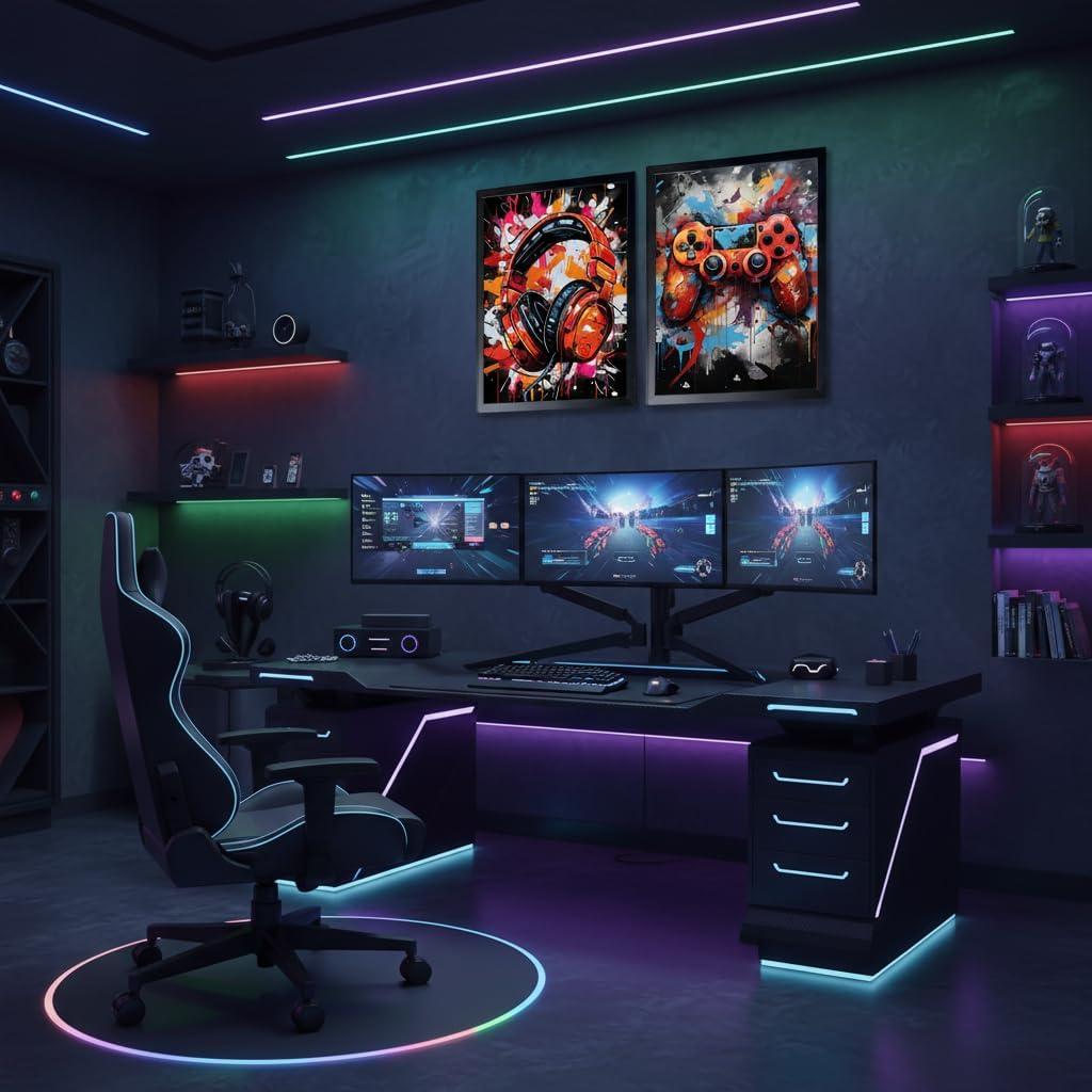 Gaming Wall Art Set of 2 Framed, Colorful Game Controller and Headset Wooden Frame Canvas Prints, Ready to Hang Gamer Wall Decor for Bedroom Game Room Living Room, 16x12 Inch