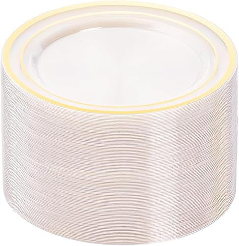 BESTVIP 100 platos de plástico transparente, platos de postre desechables de 7.5 pulgadas con borde dorado, platos de plástico desechables