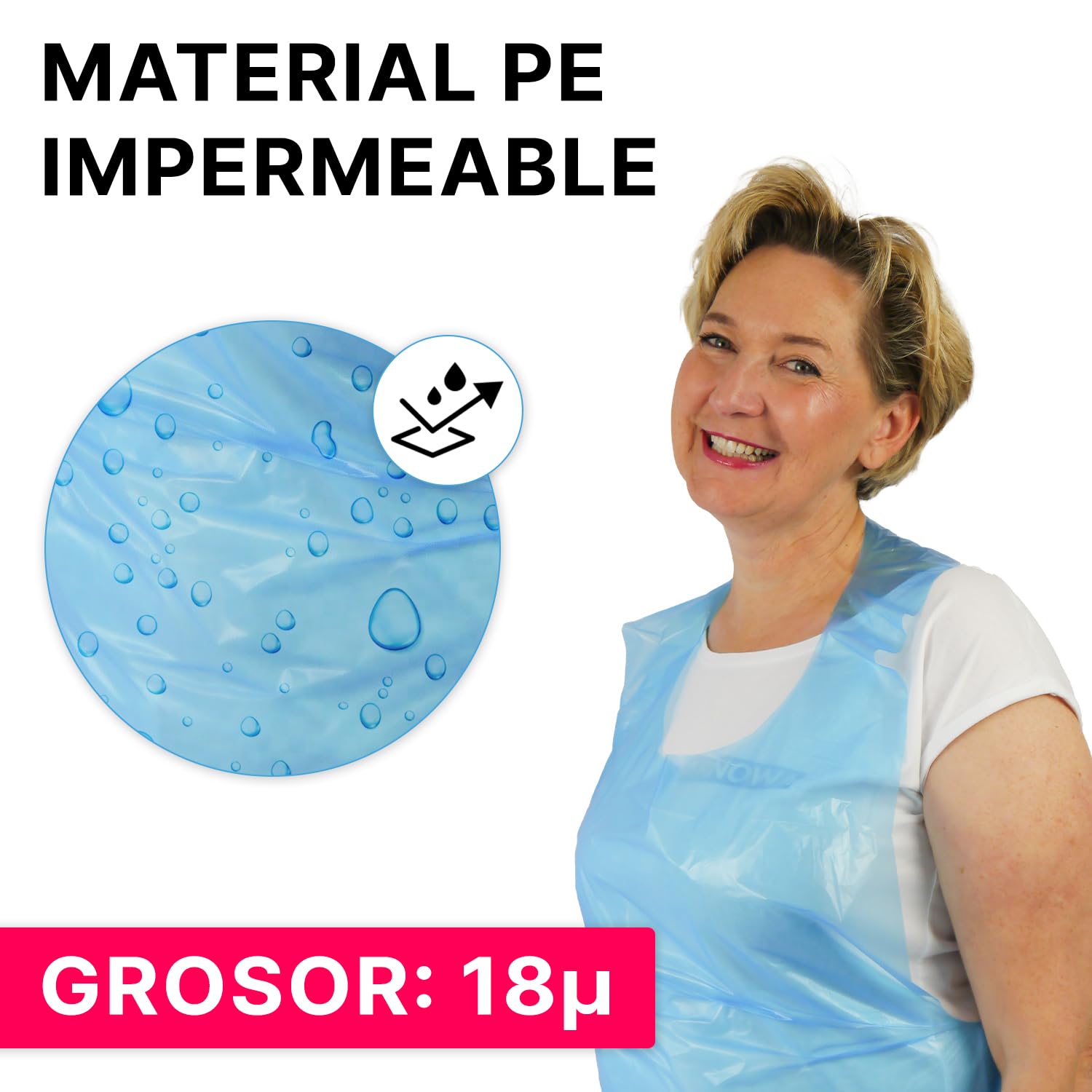 ARNOMED delantal de plastico PE 50 uds, delantal impermeable, bata desechable plastico de 18µ de grosor, pack de batas desechables de 75x125cm, azul, resistente al aceite