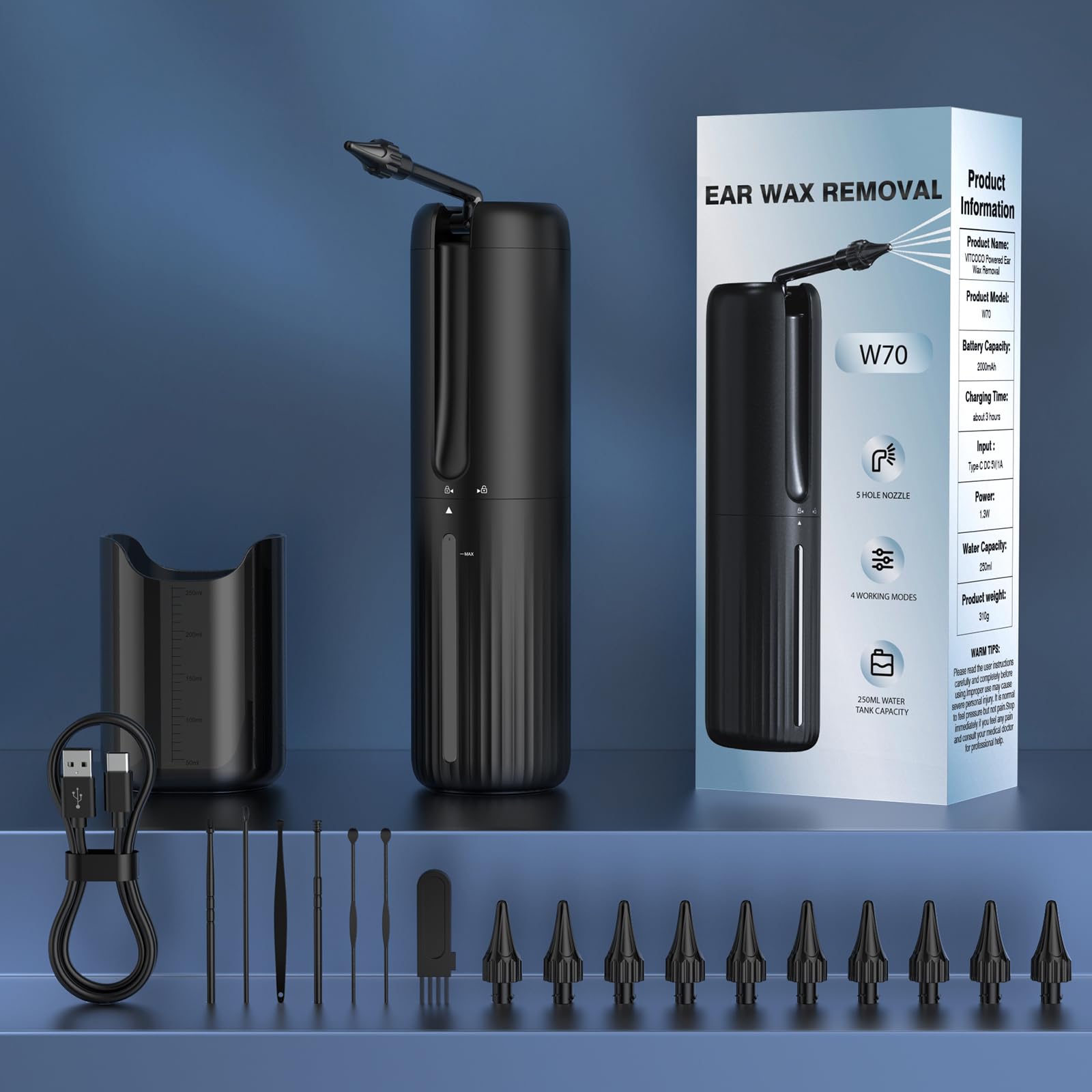 Ohrenschmalz Entferner, Ohrreiniger Mit 4 Druckmodi, 2000 mAh Elektrischer Ohrenreiniger inkl. 10 Düsen, IPX7 Wasserdicht Ohrenspülung, Ohrendusche für Erwachsene Kinde, Schwarz