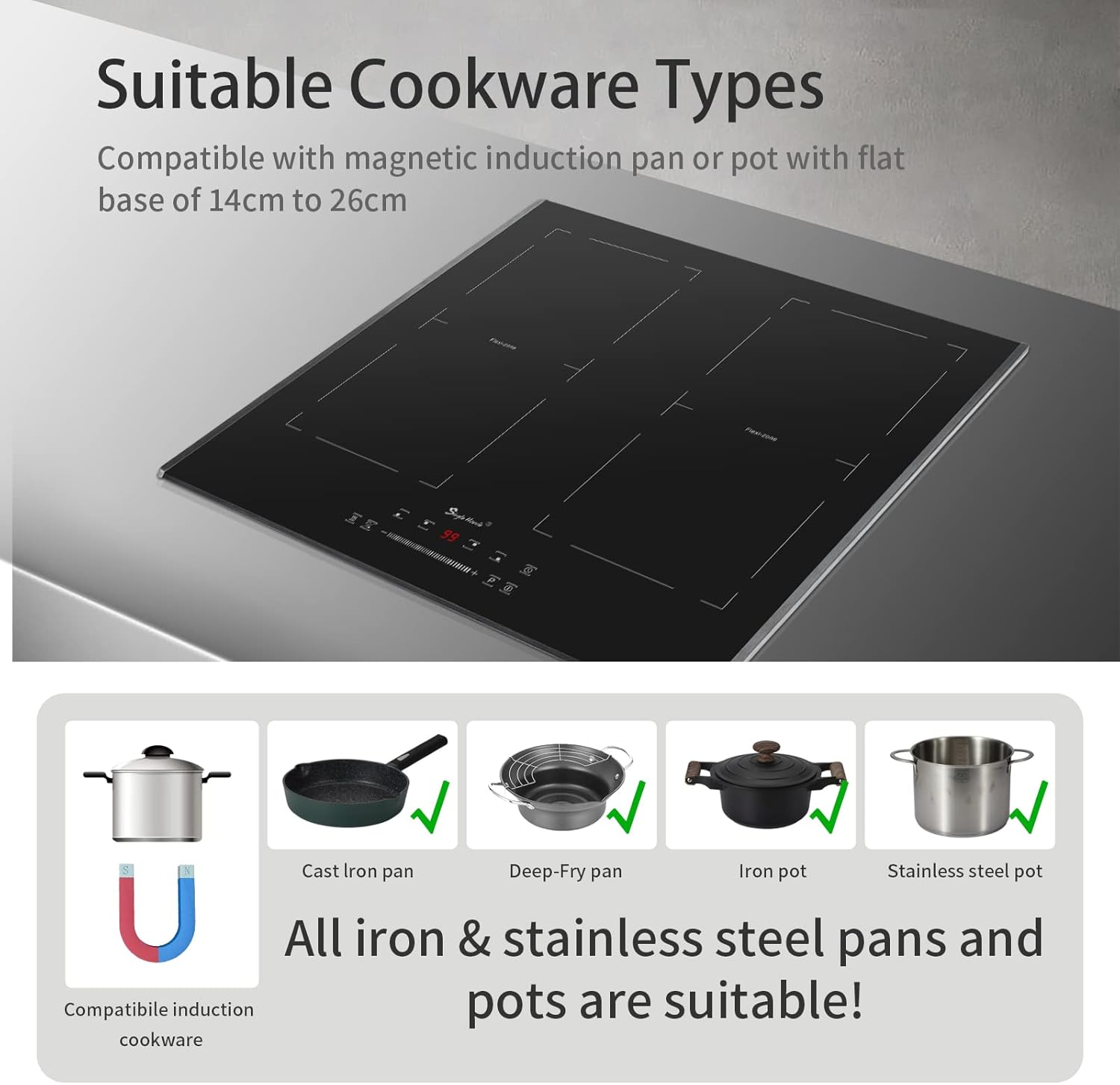 Piano cottura induzione 2 Fuochi, piano cottura a induzione 30 cm incasso, flex zone, Basso rumore, con Serrature per bambini, Timer, Molteplici funzioni di sicurezza 3500W