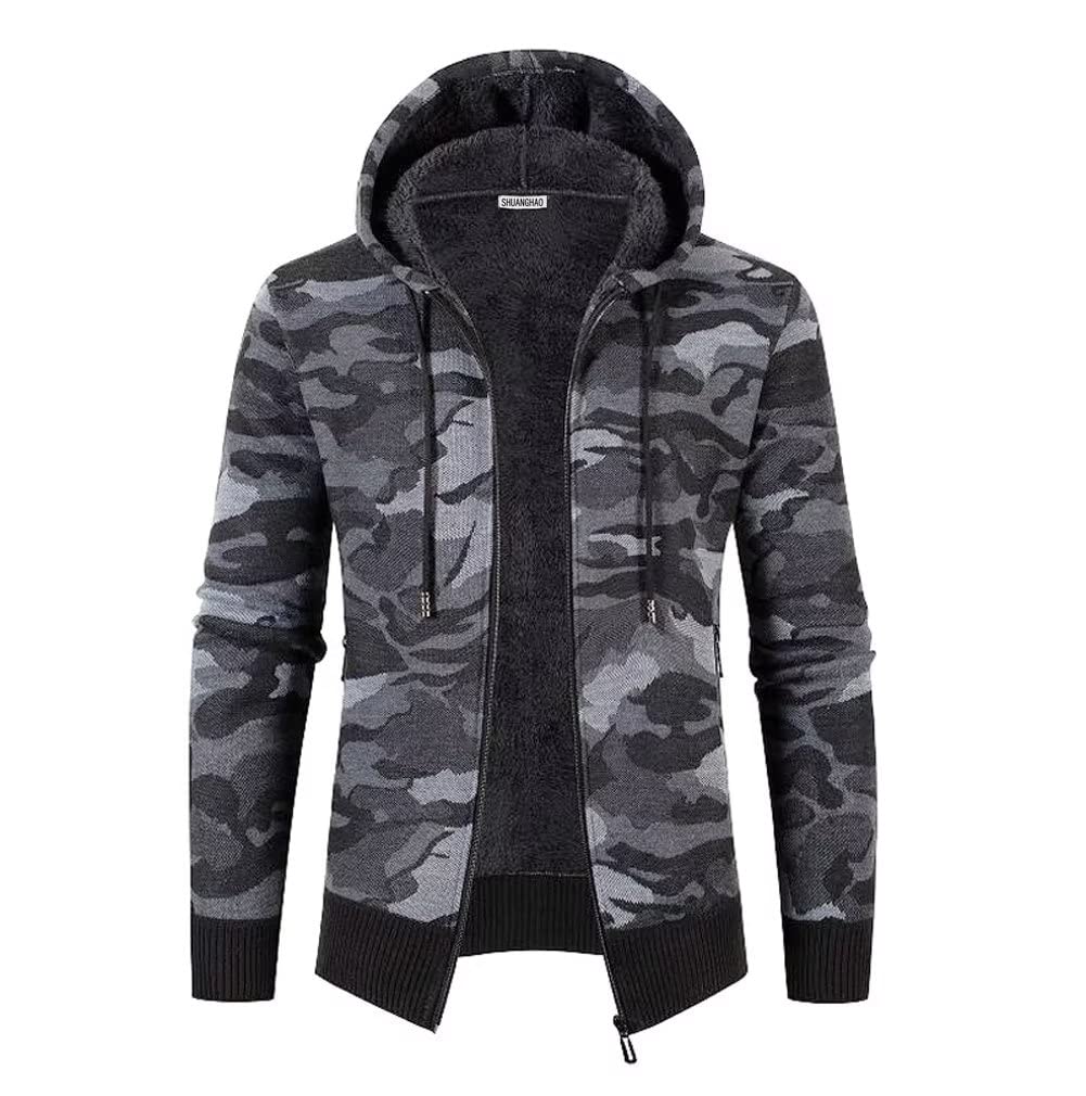 Uomo Militare Magliaone Maglioni Autunno Invernale Cardigan Giacca di Felpato Casual con Zip Cappuccio Abbigliamento Calda Morbida Elegante Outwear Tops Giacca da Volo per Uomo Grigio L