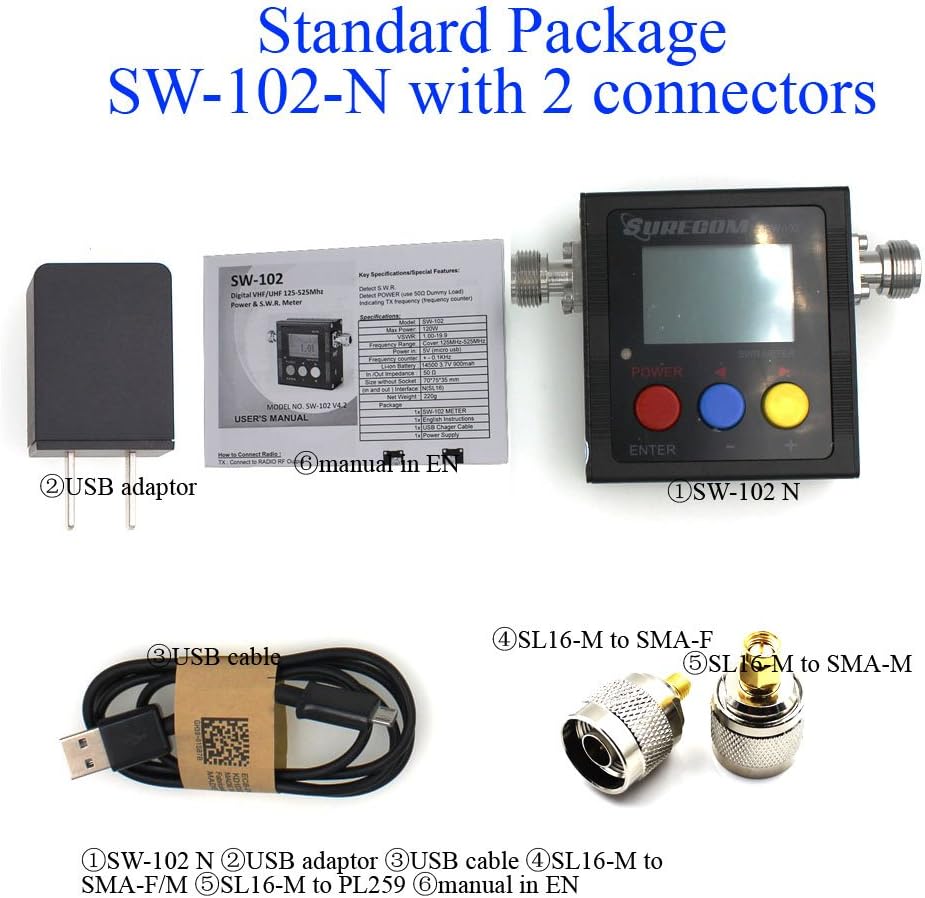 SW-102 SW102 125-525Mhz Digital VHF/UHF Antenna Power & SWR Meter+MF Connector