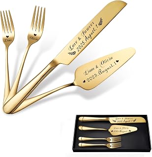 QYH Personalized Cake Cutting Set for Wedding with Name – 4 Pieces Stainless Steel Set with Forks, Engagements Anniversaries Birthdays Wedding Gifts for Couples Bride Groom Lover (Gold)
