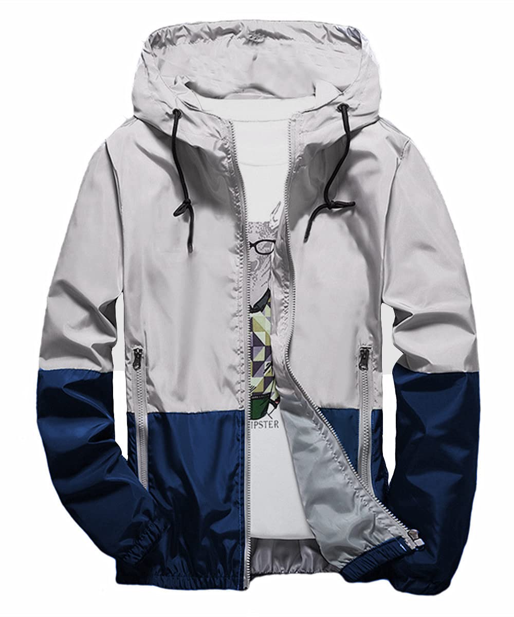 perdontoo Mens Casual Lightweight Drawstring Hooded Windbreaker Jacket (Large, Grey)