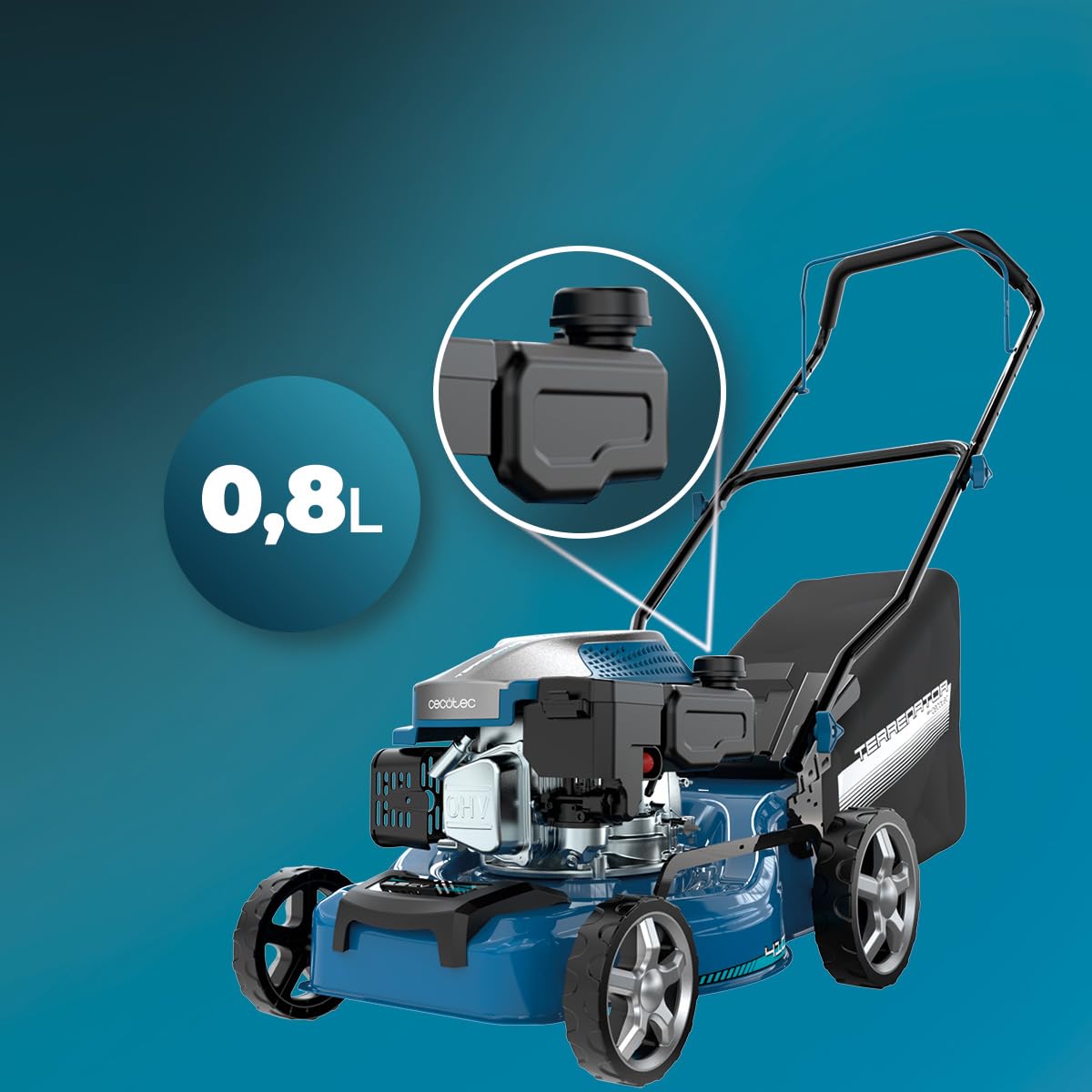 Cecotec Kosiarka benzynowa 144cc Terrenator 2700.41 Plus Total Z | Szerokość cięcia 41 cm, stalowy korpus, zmiana wysokości systemu Z-Tech, 3w1 z mulczowaniem, tylne koła XL
