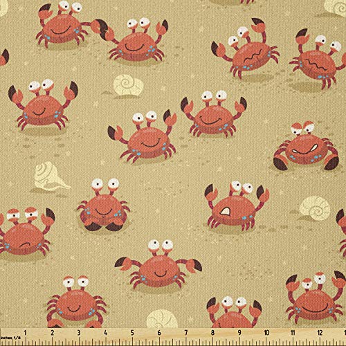 Image of Ambesonne Crabs Fabric by The Yard, Playful Sea Animals on a Sandy Beach with Shells Design Fauna, Stretch Knit Fabric for Clothing Sewing and Arts Crafts, 3 Yards, Pale Brown Orange
