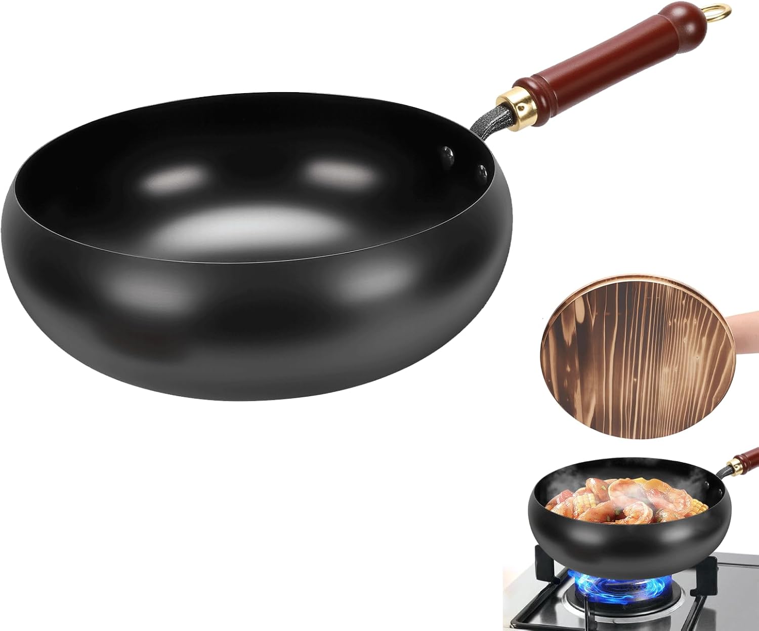 Gugxiom Suntuup Japanese Iron Pan, 28cm Cast Iron Wok, with Spatula, 2 Covers to Choose From, for Pots On Electric Stoves/Induction Cookers/Gas Stoves (Wooden lid)
