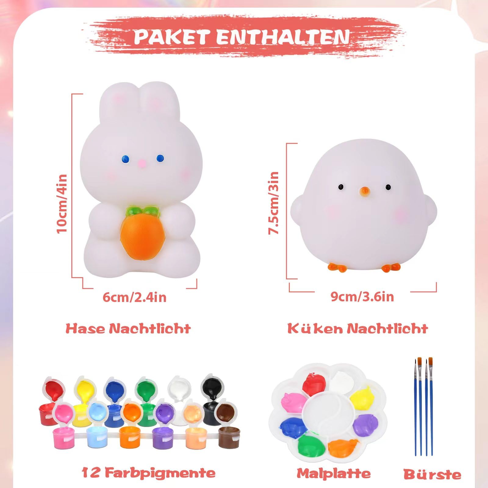 Oster-Bastelset Nachtlicht – Huhn & Hase Zum Bemalen Für Kinder Ab 6 Jahren | Mit Farben & Pinsel