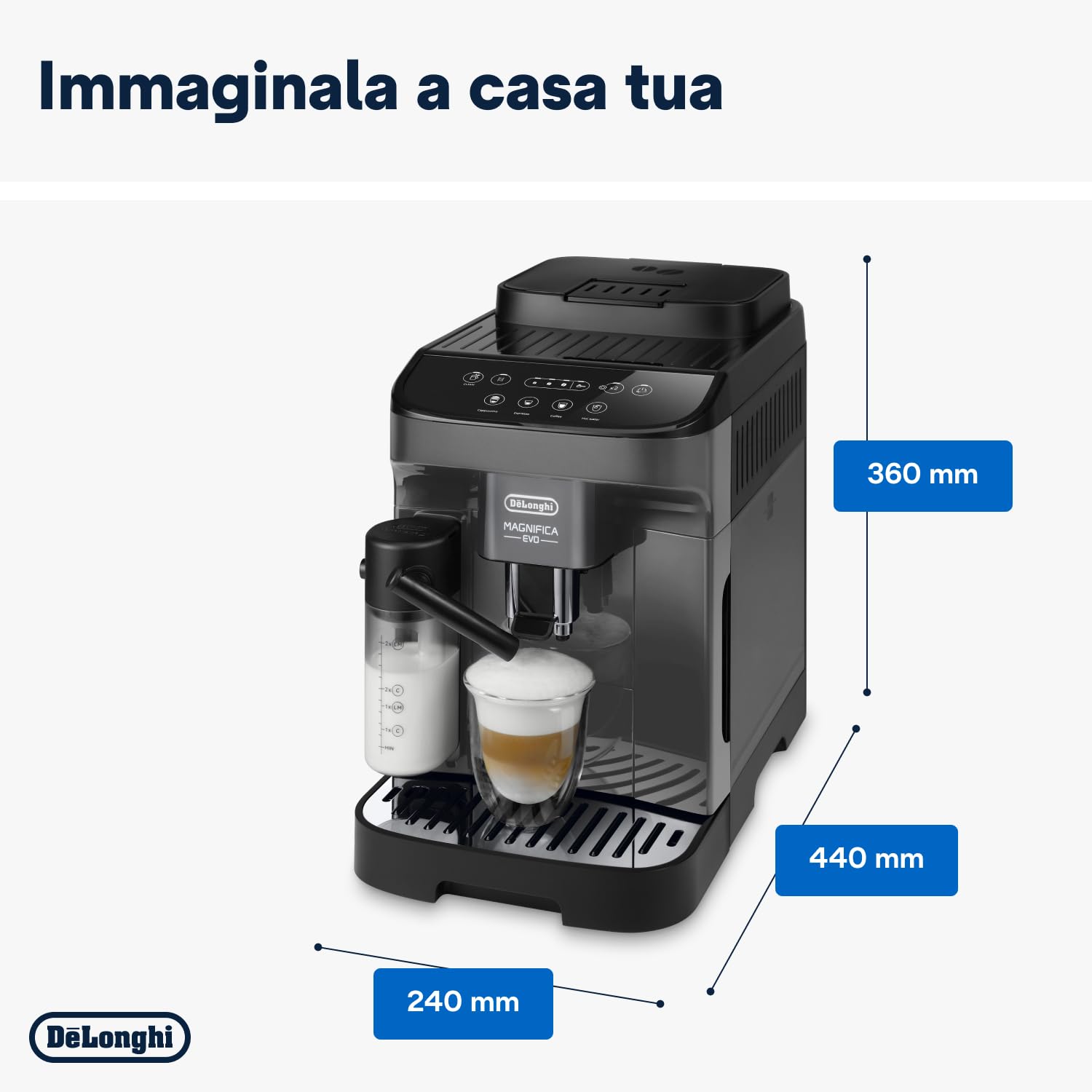 De'Longhi Magnifica Evo ECAM292.52.GB Macchina Automatica per Caffè in Chicchi, Macinacaffè Integrato, Pannello Comandi ad Icone, LatteCrema System con Caraffa Montalatte Automatica, 1450W, Nera