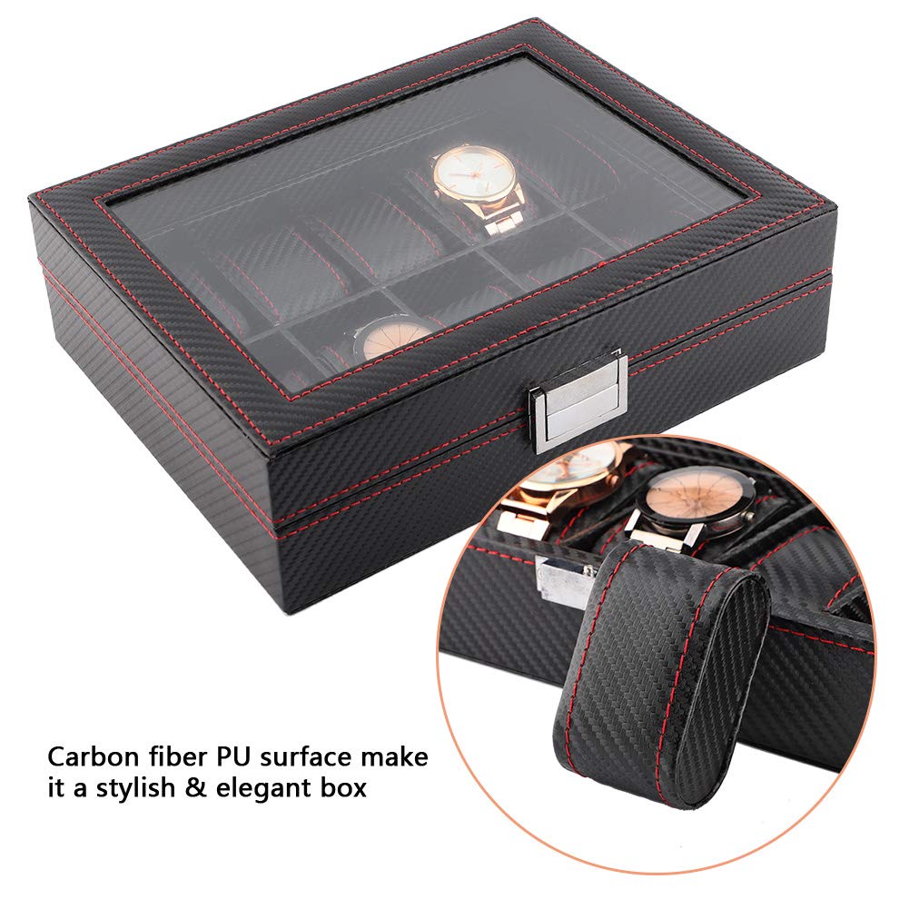 Organizador de Almacenamiento de Exhibición de Caja de Reloj con 10 Ranuras de Fibra de Carbono para Tocador Negro 11 * 8,7 * 3,4 Pulgadas