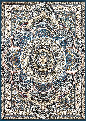 Image of DECOMIZER 5x7 Feet Premium Carpet for Hall | Rug Runner and Carpets for Bedroom /Living Area /Home with Anti Slip Backing | Machine Washable -Blue White Damas