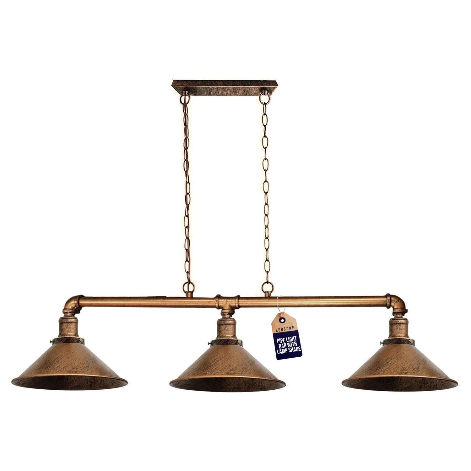 LEDSone Industrial 3 Way Pipe Pendant Lamp E27 Lamp Holder Metal Shade Ceiling Light Fixture with 95cm Adjustable Hanging Chandelier for Dining Room, Kitchen Island, Bar (Brushed Copper - Cone Shade) โ image 1