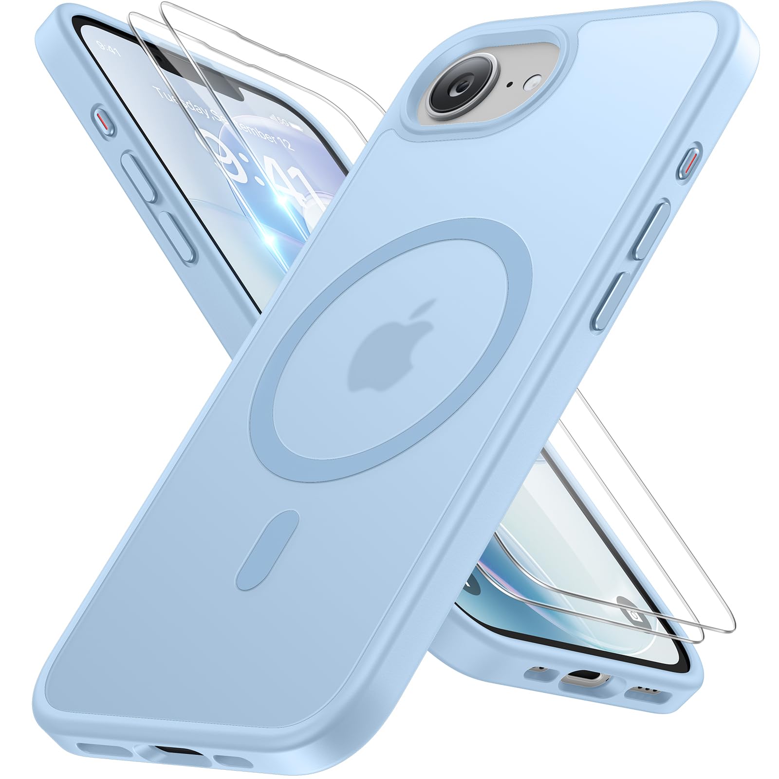 miracase for iPhone 16e case &amp; iPhone 17e Case for MagSafe [with 2×9H+ Screen Protectors] TOP Military-Grade Protection Shockproof with Velvet Touch for iPhone 16e/17e Phone Case 6.1", Light Blue