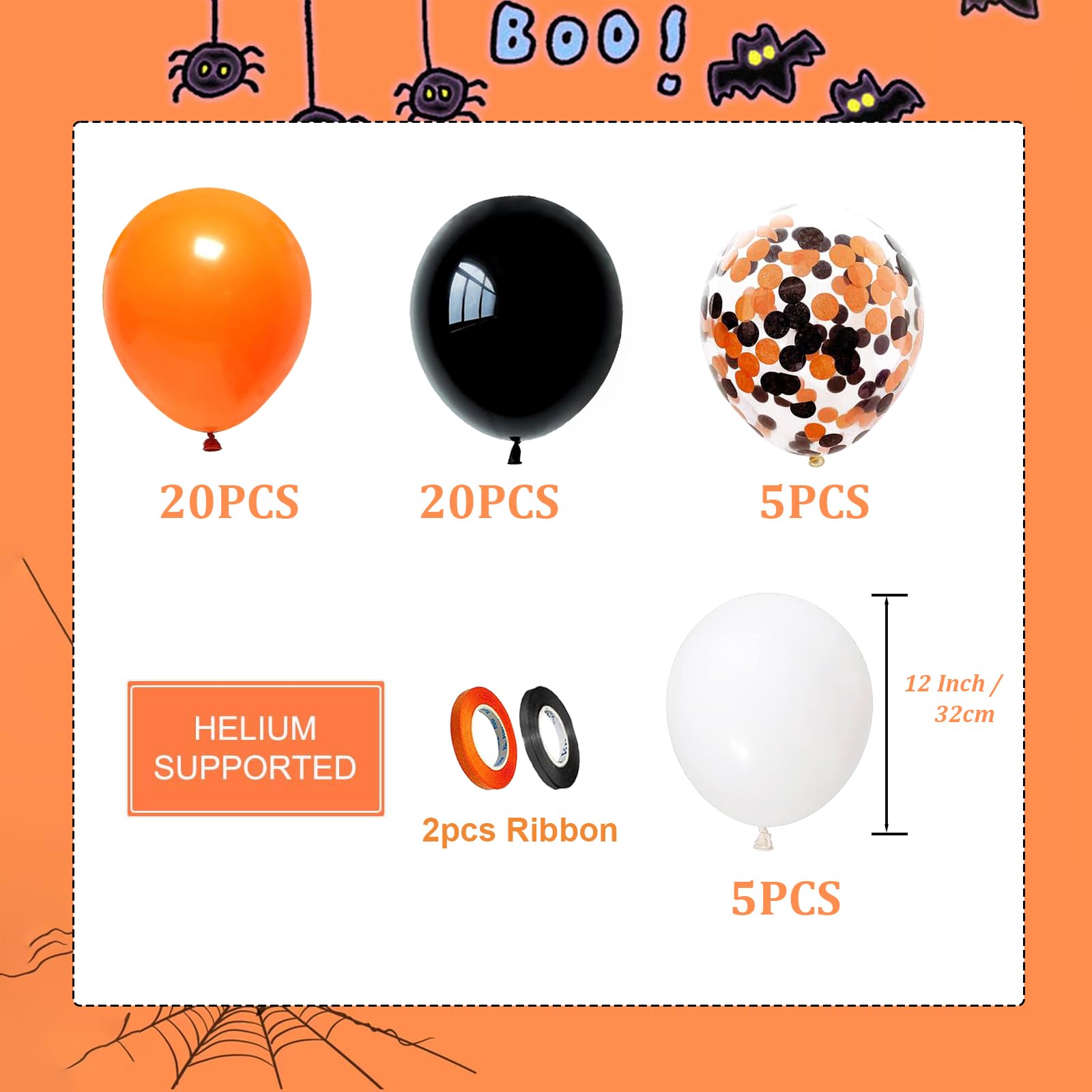 Halloween Luftballons – 50 Stück, Schwarz/orange/weiß Mit Konfetti, Latex