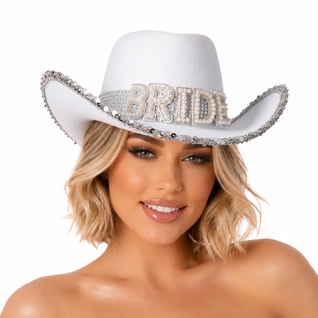 Wicked Costumes Adult White Bride Cowboy Hat – Hen Party Western Hat Silver Sequin Band and BRIDE pearls – Cowgirl Fancy Dress Accessory for Brides, Festivals & Nashville Nights — image 1
