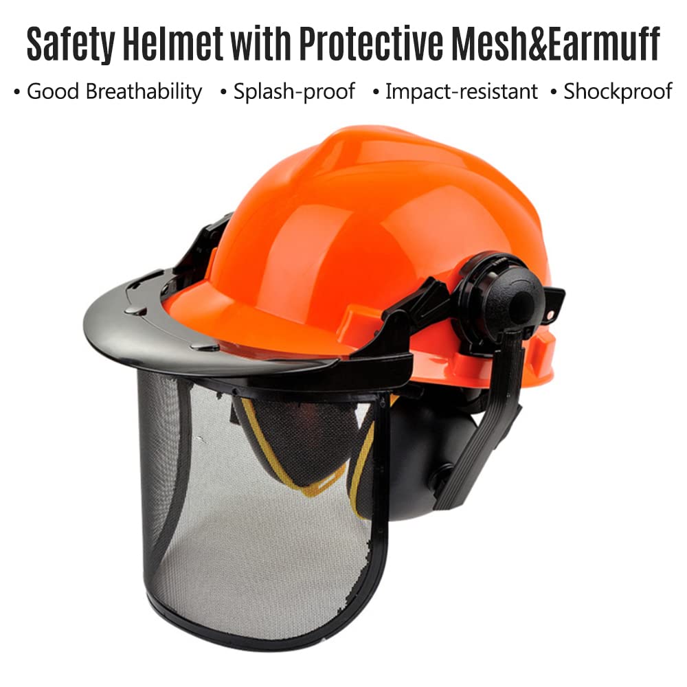 Casco di Sicurezza con Visiera e Paraorecchie, Elmetto Forestale in HDPE con Visiera in Rete d'Acciaio Arancione