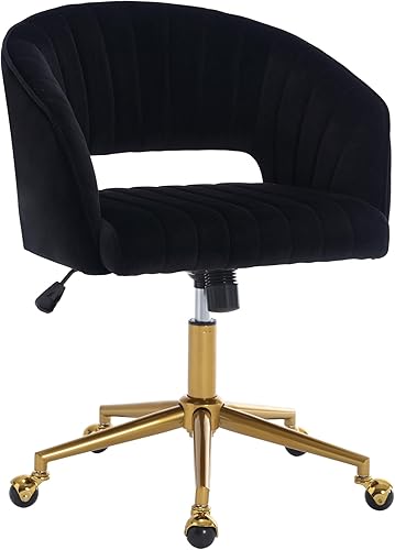 Homedraft Silla de escritorio giratoria para oficina en casa, moderna silla de escritorio de terciopelo, sillón de altura ajustable con base dorada,
