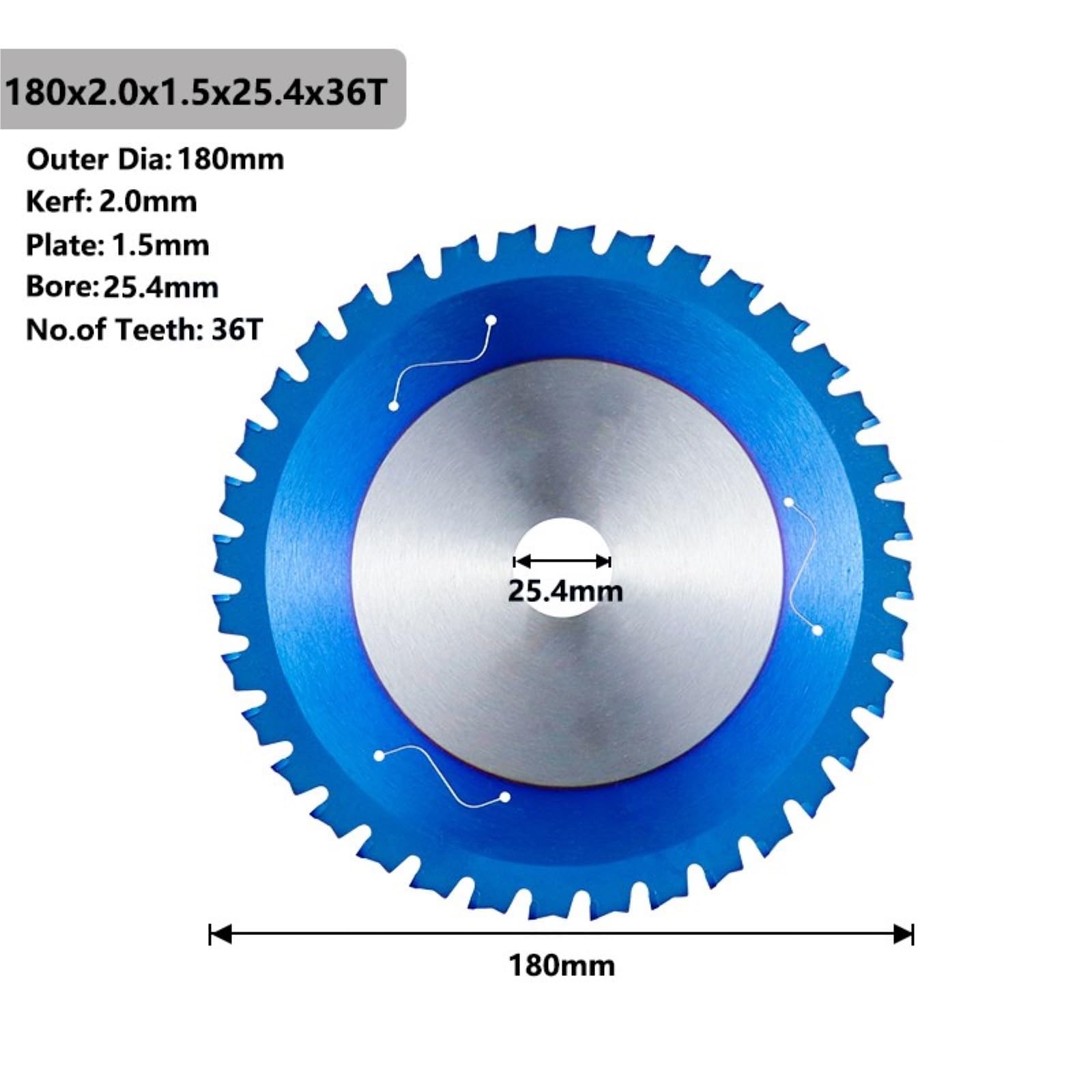 Brzeszczot do cięcia metalu 1PC 180-355mm ostrze do cięcia metalu niebieskie powlekane węglika piły tarczowe brzeszczoty pił tarczowych aluminium żelazo stal(180x2.0x25.4x36T)