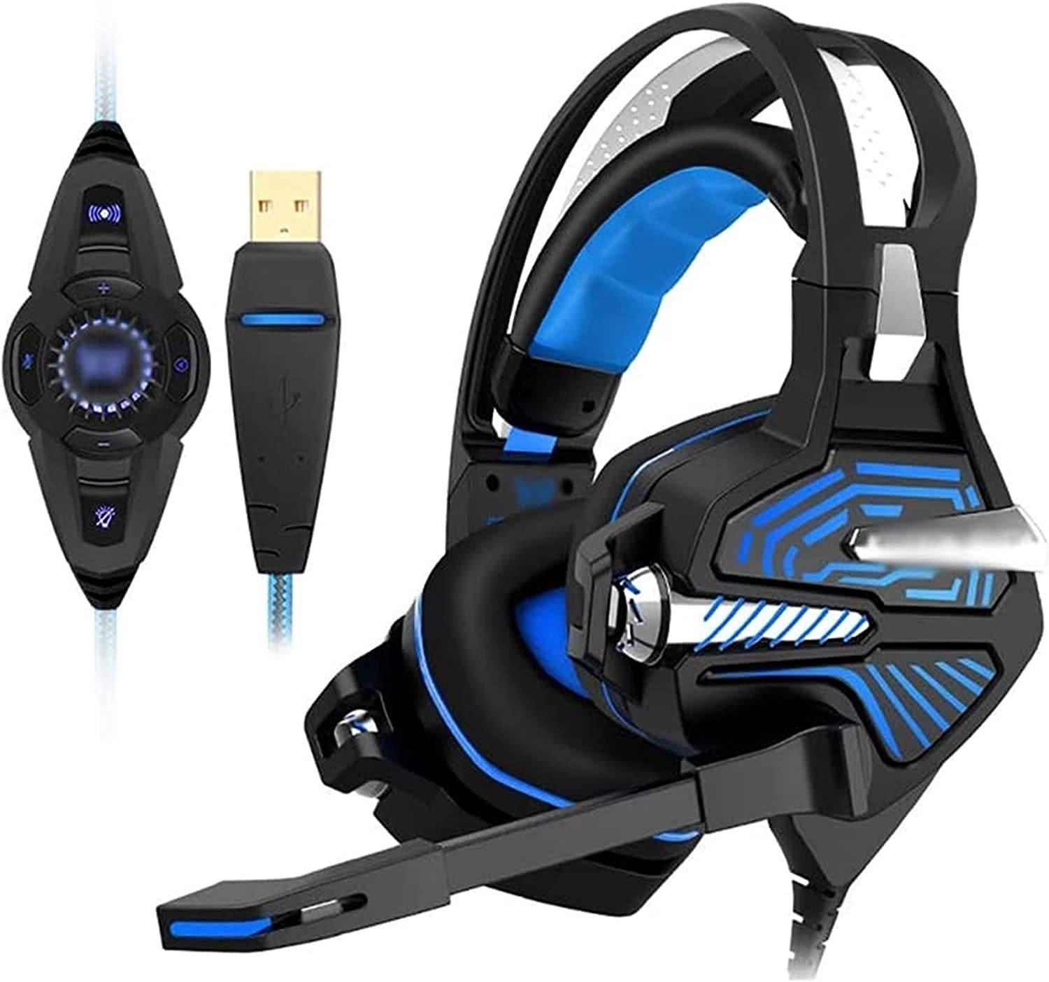 Cuffie da gioco for Xbox One, PS4, PC, cuffie da gioco over-ear con microfono a cancellazione di rumore, luce LED, surround bassi stereo, cuffie con memoria morbida for smartphone, laptop, t