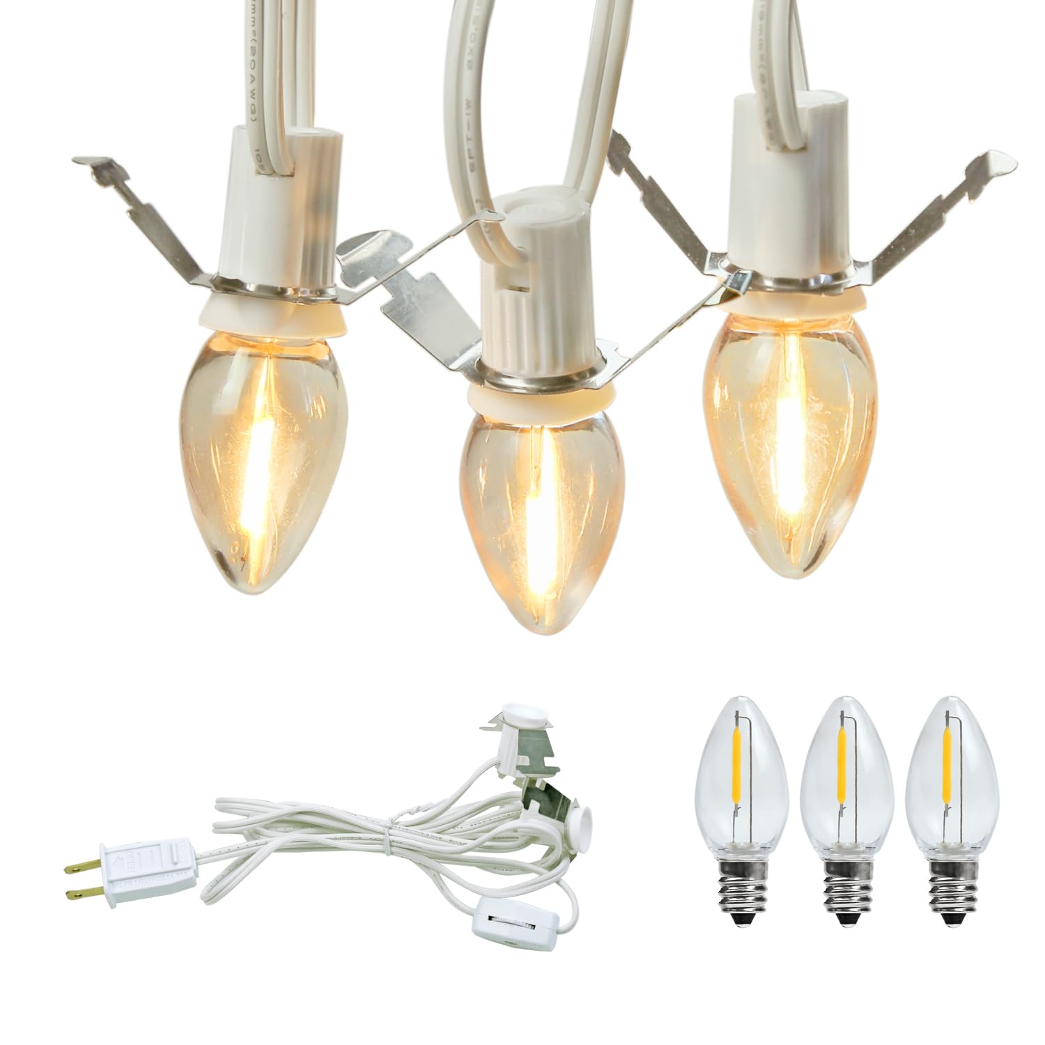 LED Accessory Cord with 3 C7 LED Bulbs Candelabra Base E12 Socket White Cord with On/Off Switch Plugs Christmas Village Light for Holiday Decoration and Craft Village House Decoration