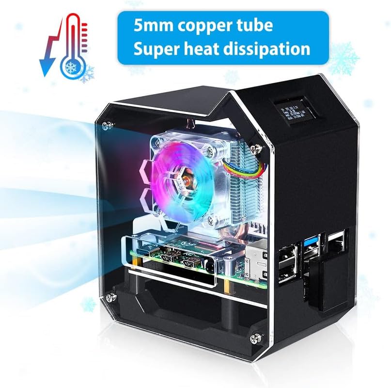 Image of RIDEN Mini Tower NAS Kit for Raspberry Pi, Pi ICE Tower Cooler with PWM RGB Fan, M.2 SATA SSD Expansion Board, GPIO 1 to 2 Expansion Board for Raspberry Pi 4 Model B