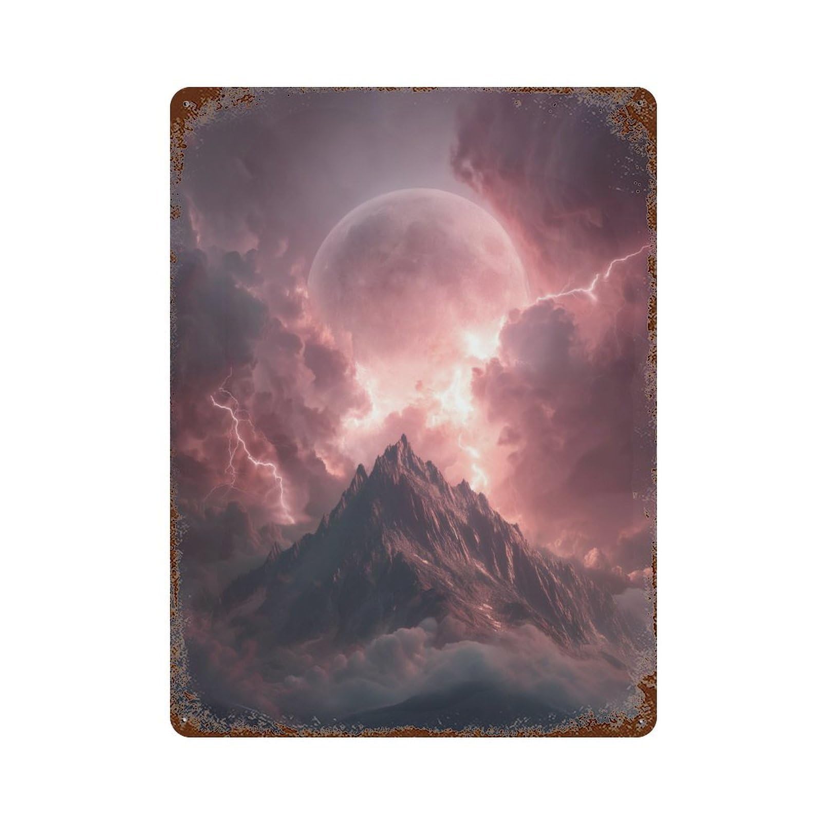 Thunderstorm Mountain with Full Moon Retro Metal Sign 15.7"x11.8", Decorative Metal Wall Art for Basement, Hobby Room And Garage Decor