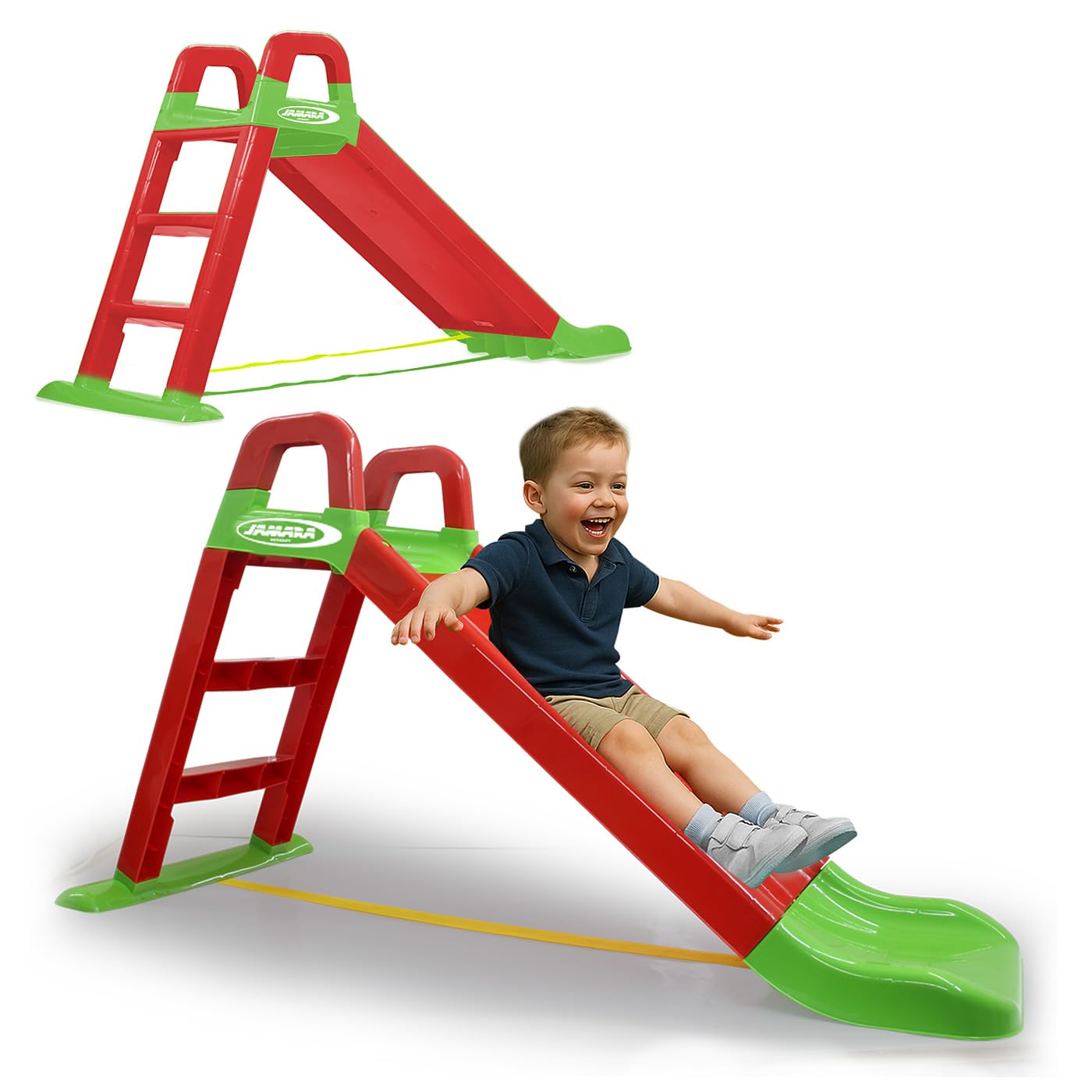 Jamara Slide 460501 Funny Slide Red Plastic Heavy Duty Non-Slip Spout for Soft Landings, Wide Steps and Safety Handles, Stabilization Rope