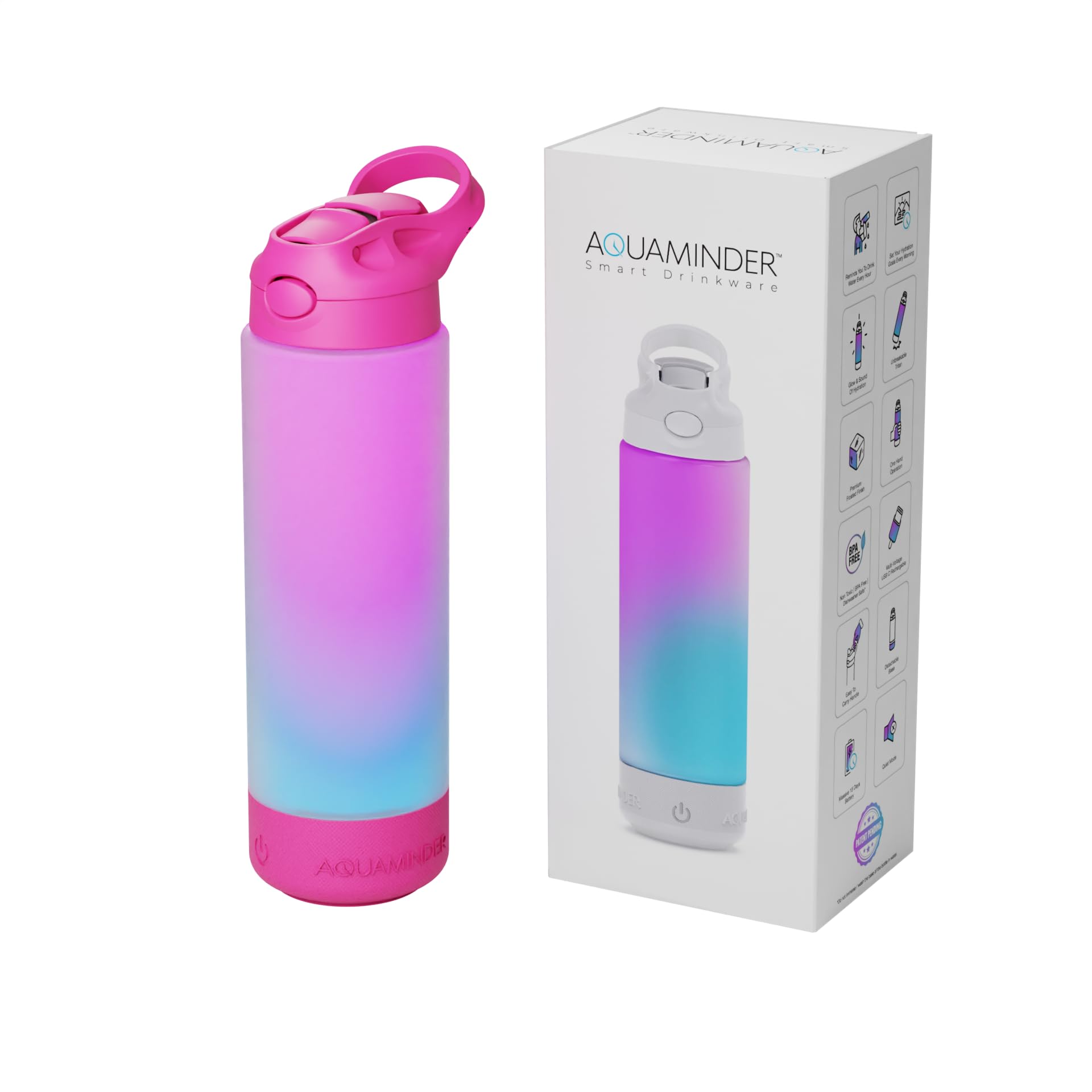 Aquaminder Water Bottle Glows & Beeps to Remind You to Drink More 770 ml Sipper Bottle For Adults and Kids Easy Grip Frosted Tritan Plastic Home Gym Office Yoga (Pink)