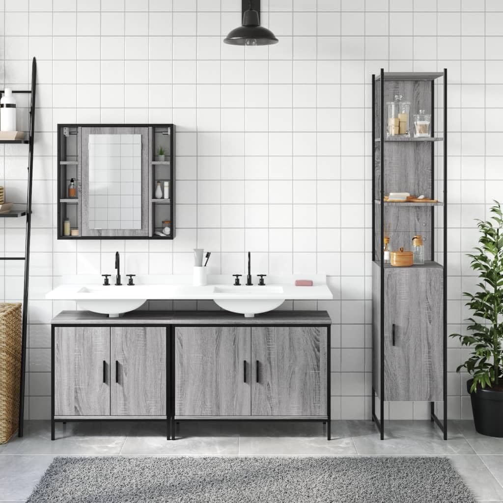 SYDE Set Armario de Baño 4 Pzas Madera Contrachapada Gris Sonoma | Con Espejo y Estante, Acero Recubierto, Patas Ajustables, Fijación a Pared