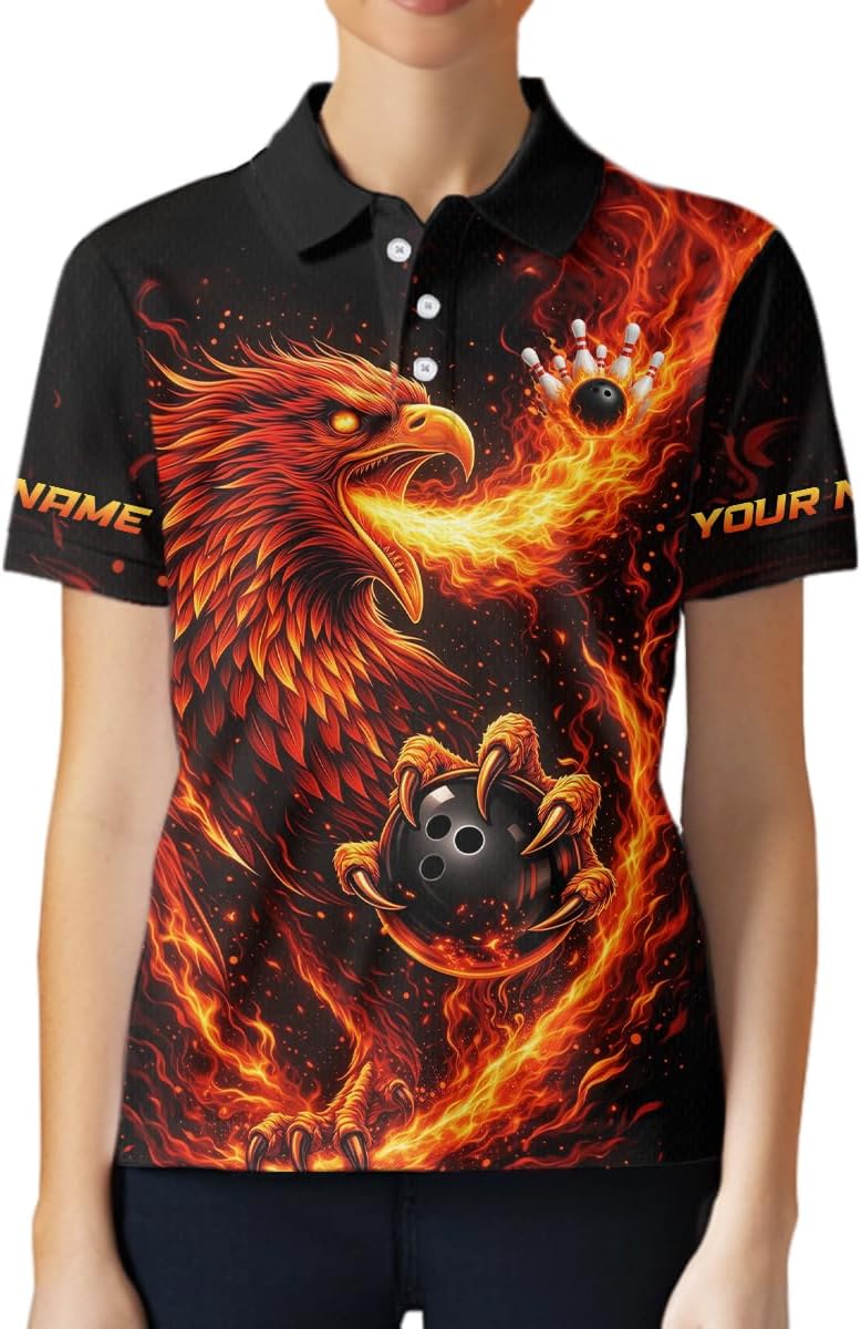 Flaming Eagle Bowling Shirts for Team Men Women Flame Bowling Jersey Custom Bowling Polo & Quarter Zip Bowling Shirt
