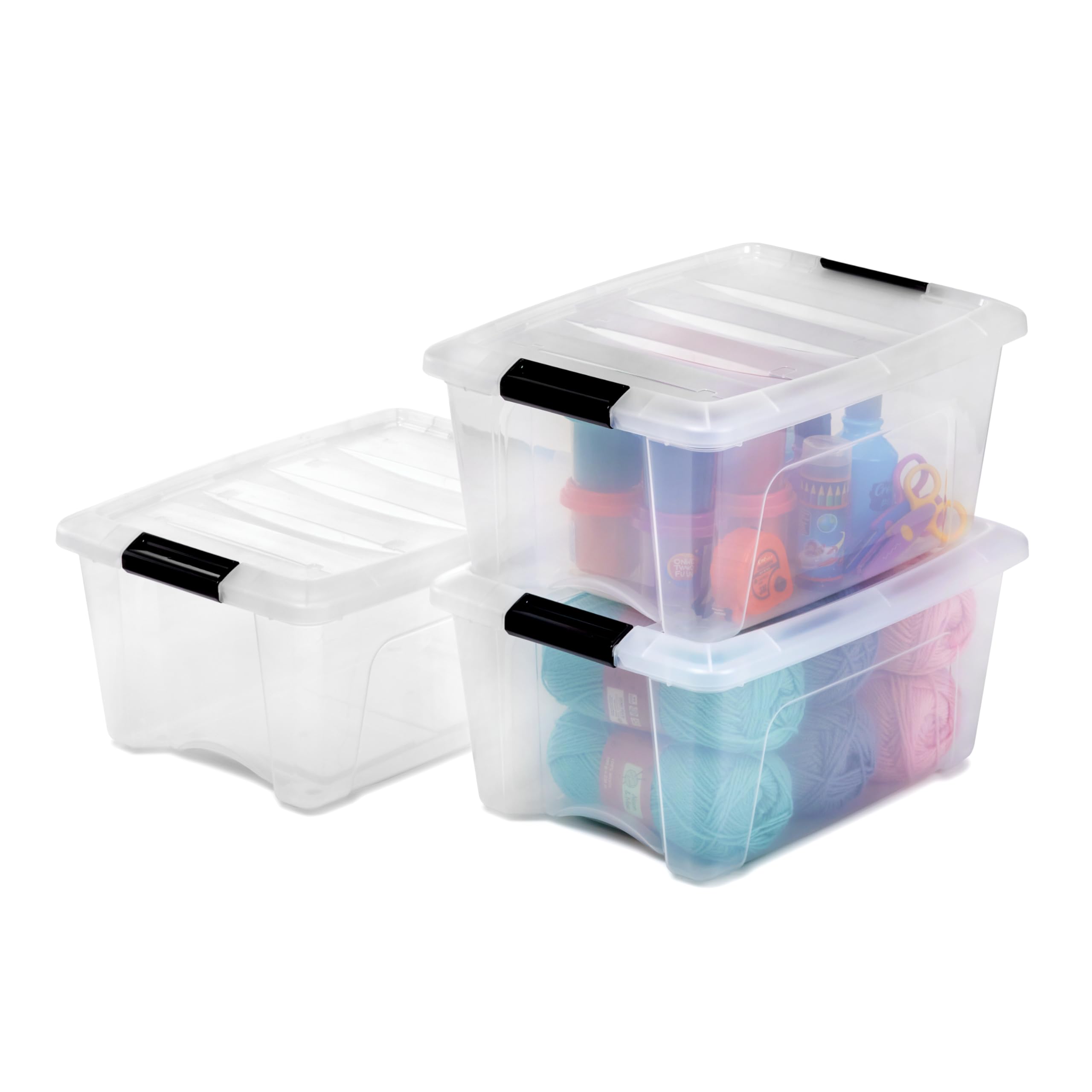 Iris Ohyama Scatole Portaoggetti in con Coperchio, 15L, Lotto di 3, Trasparente, Clip di Bloccaggio, Empilabile, Maniglia, Per Camera, Armadio, Ufficio, Organizzatore, Senza BPA, DDNTB-​15